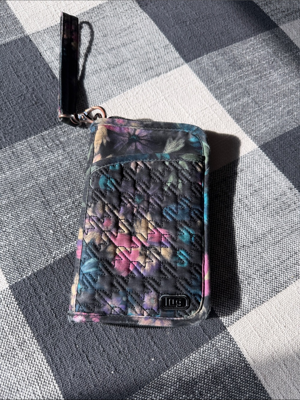 lug Quilted Tandem Zip Black Wristlet with Pink, Blue & Yellow Floral Wash